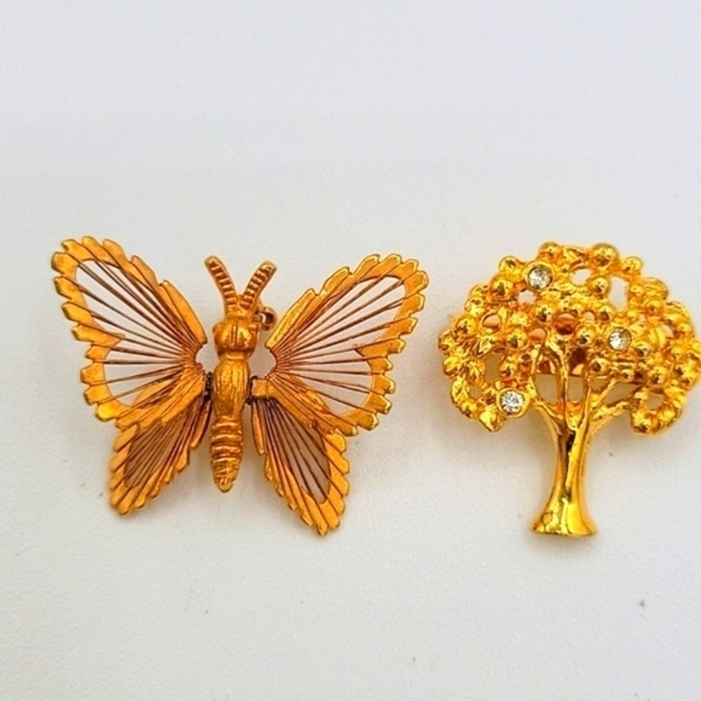 VINTAGE Brooches Gold Tone Butterfly Tree with Rhinestones